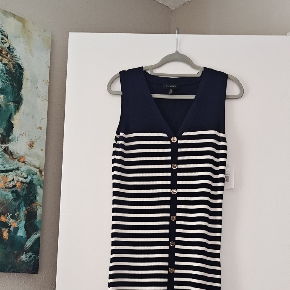 Ellen Tracy Navy and White Striped Midi Dress
